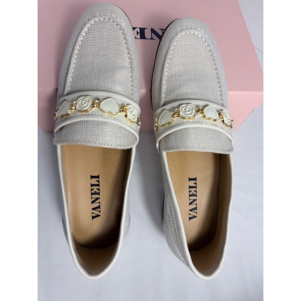 Vaneli Konni Loafer Ivory Lino Heart Rosette Chain Preppy Coquette 8.5M
